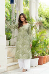 Women Green Artistic Printed Cotton Corset Long Kurti