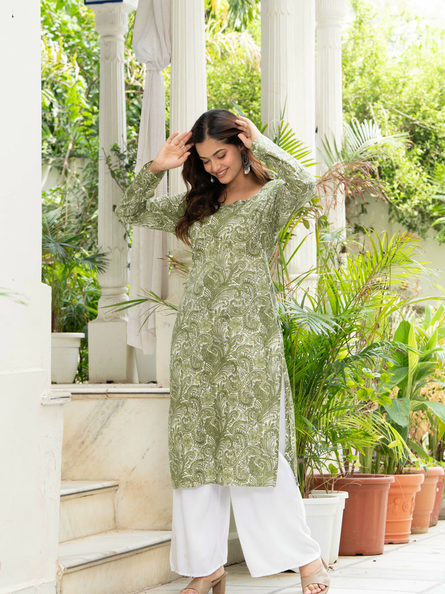 Women Green Artistic Printed Cotton Corset Long Kurti