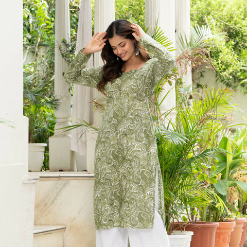 Women Green Artistic Printed Cotton Corset Long Kurti