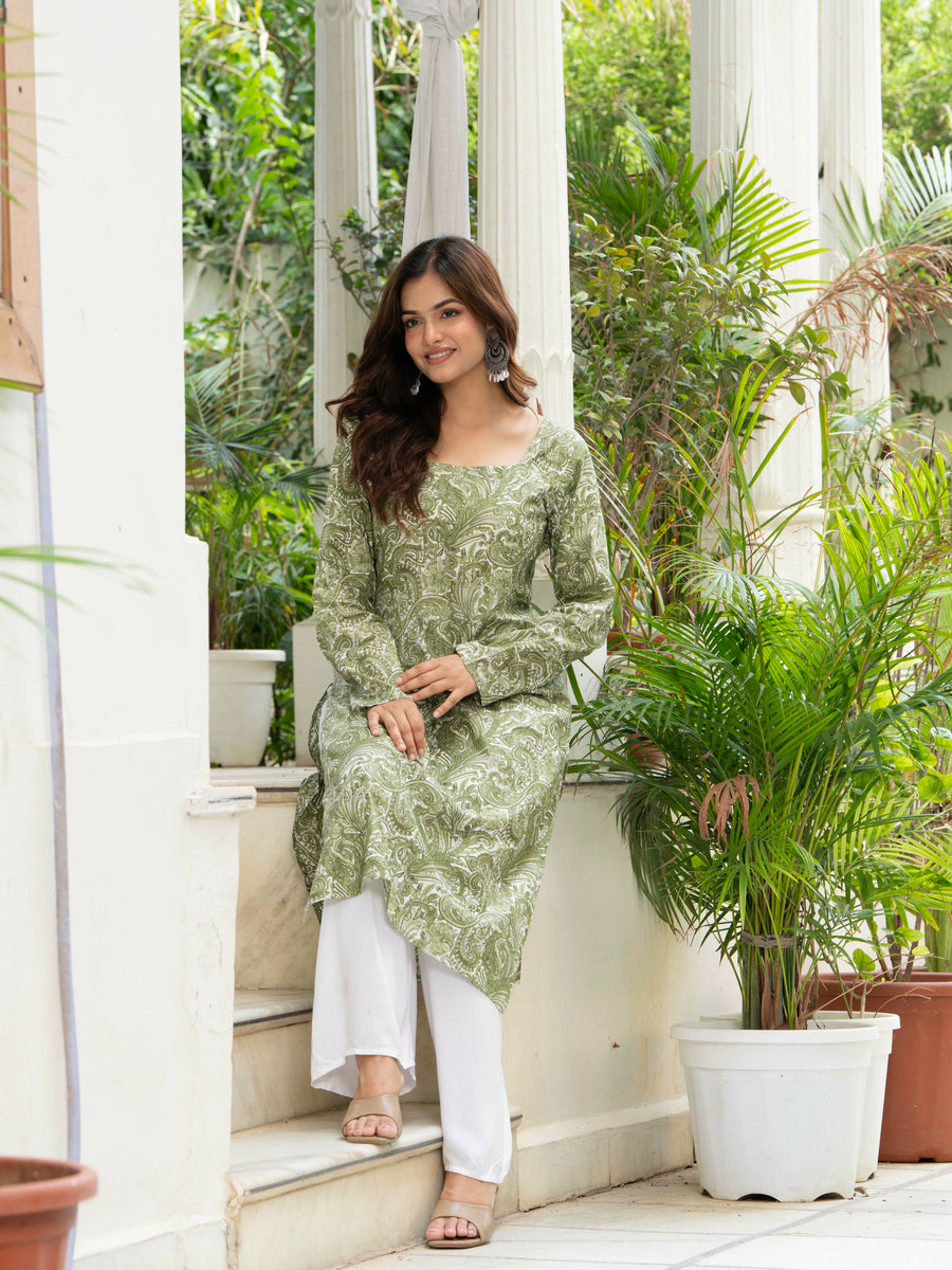 Women Green Artistic Printed Cotton Corset Long Kurti