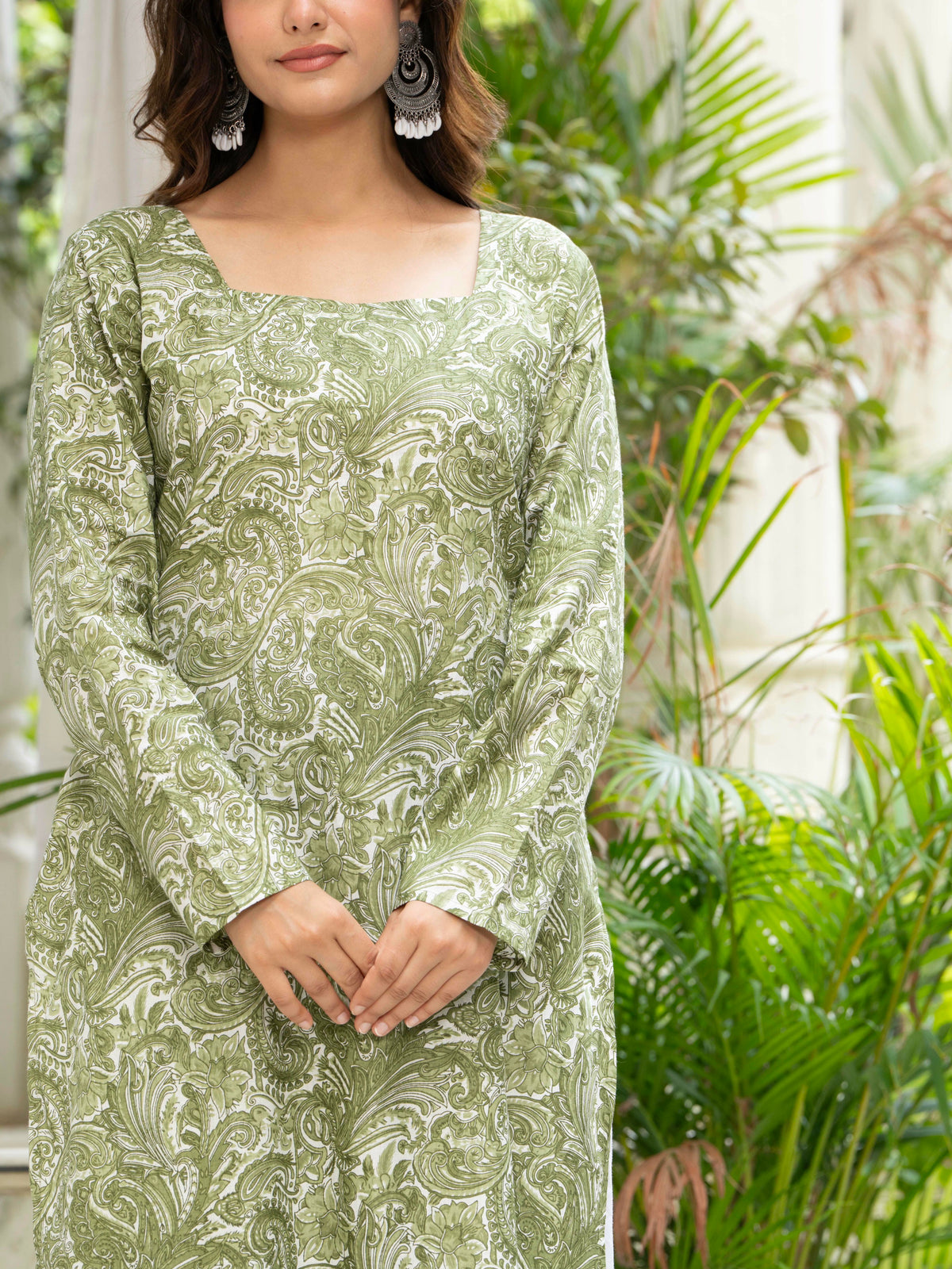 Women Green Artistic Printed Cotton Corset Long Kurti