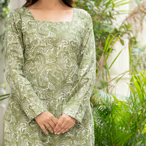 Women Green Artistic Printed Cotton Corset Long Kurti