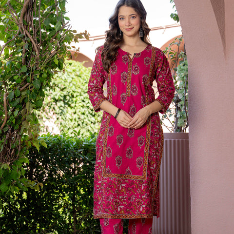 Women Red Floral Printed Cotton Straight Kurta Pant Dupatta Set