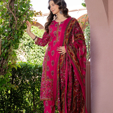 Women Red Floral Printed Cotton Straight Kurta Pant Dupatta Set
