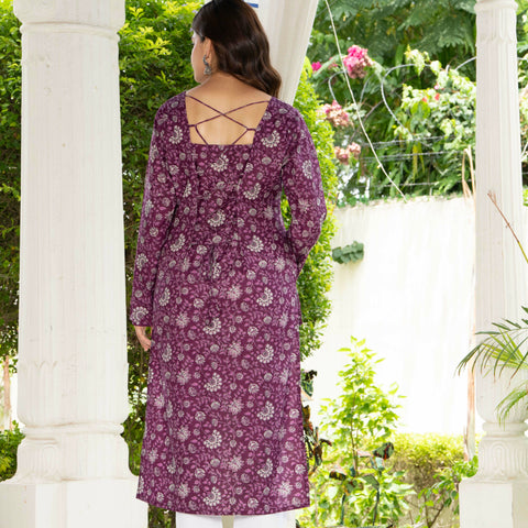 Women Purple Floral Printed Cotton Corset Long Kurti