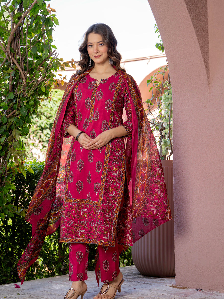 Women Red Floral Printed Cotton Straight Kurta Pant Dupatta Set