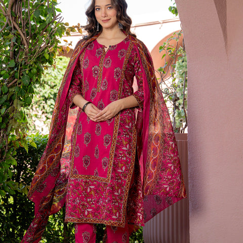 Women Red Floral Printed Cotton Straight Kurta Pant Dupatta Set
