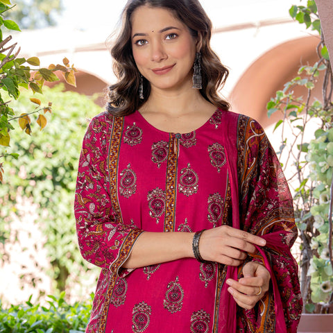 Women Red Floral Printed Cotton Straight Kurta Pant Dupatta Set