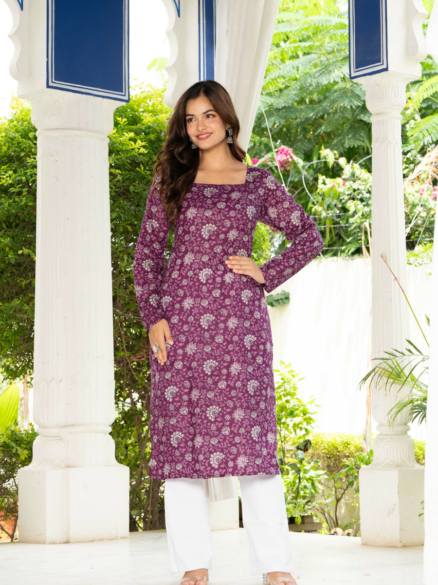 Women Purple Floral Printed Cotton Corset Long Kurti