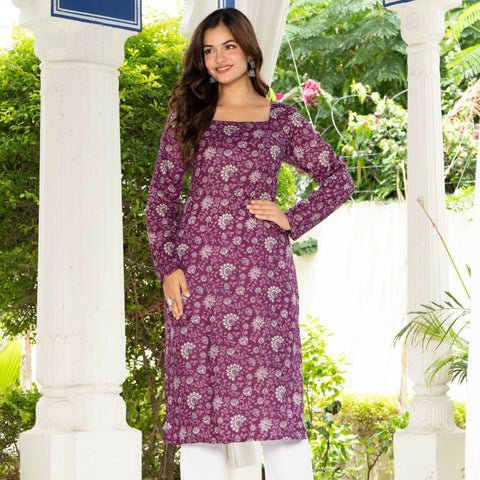 Women Purple Floral Printed Cotton Corset Long Kurti