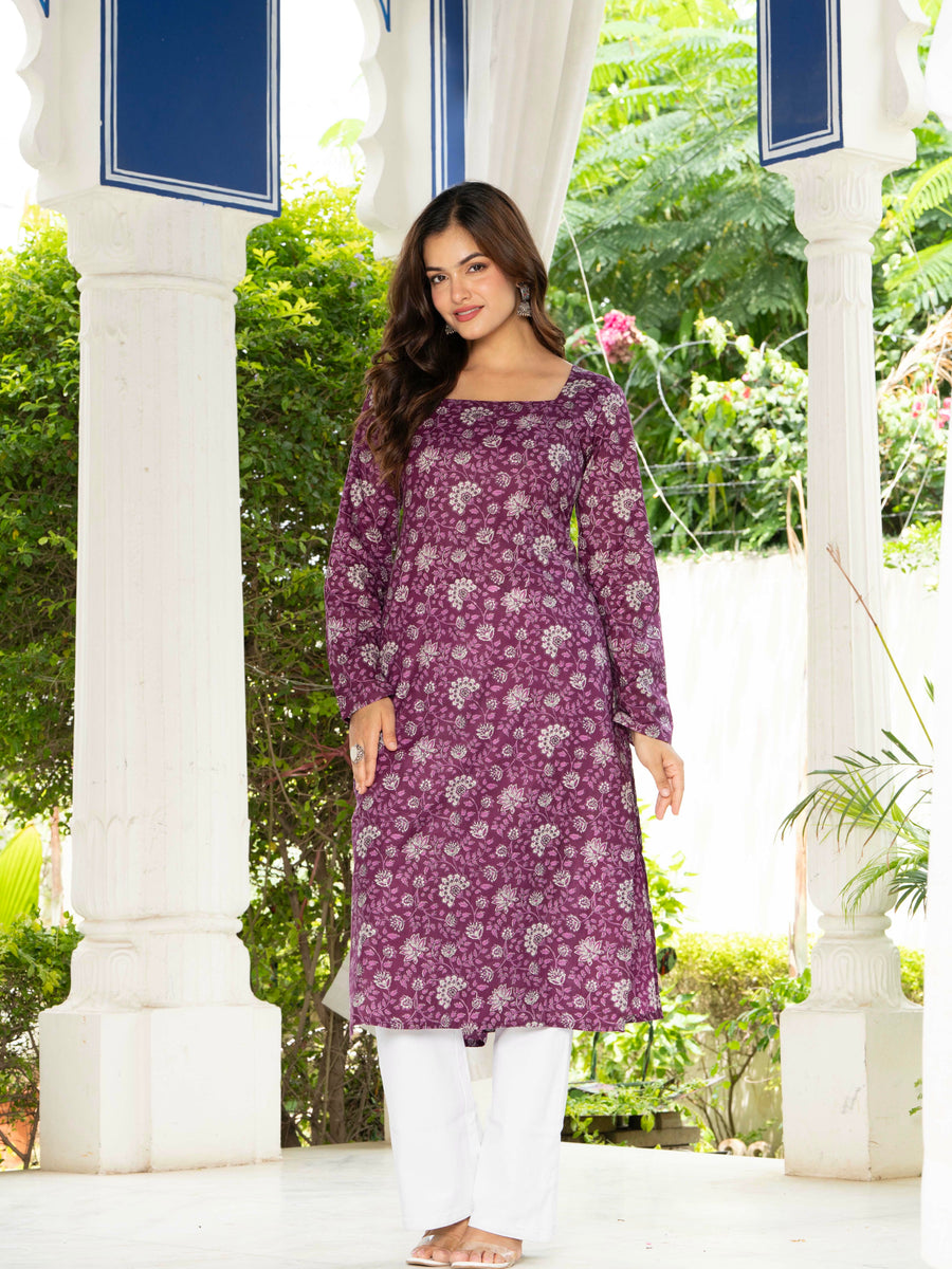 Women Purple Floral Printed Cotton Corset Long Kurti