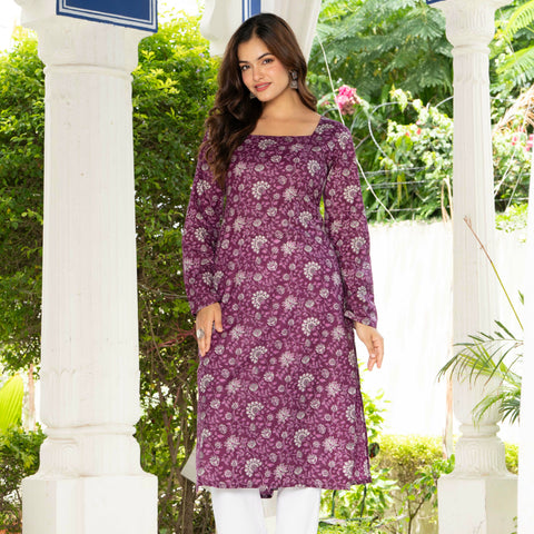 Women Purple Floral Printed Cotton Corset Long Kurti