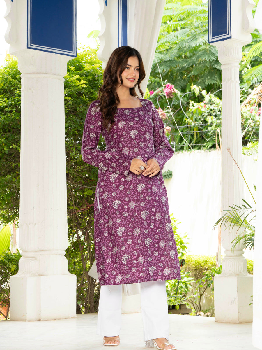 Women Purple Floral Printed Cotton Corset Long Kurti