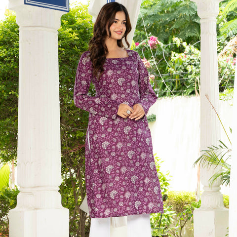 Women Purple Floral Printed Cotton Corset Long Kurti