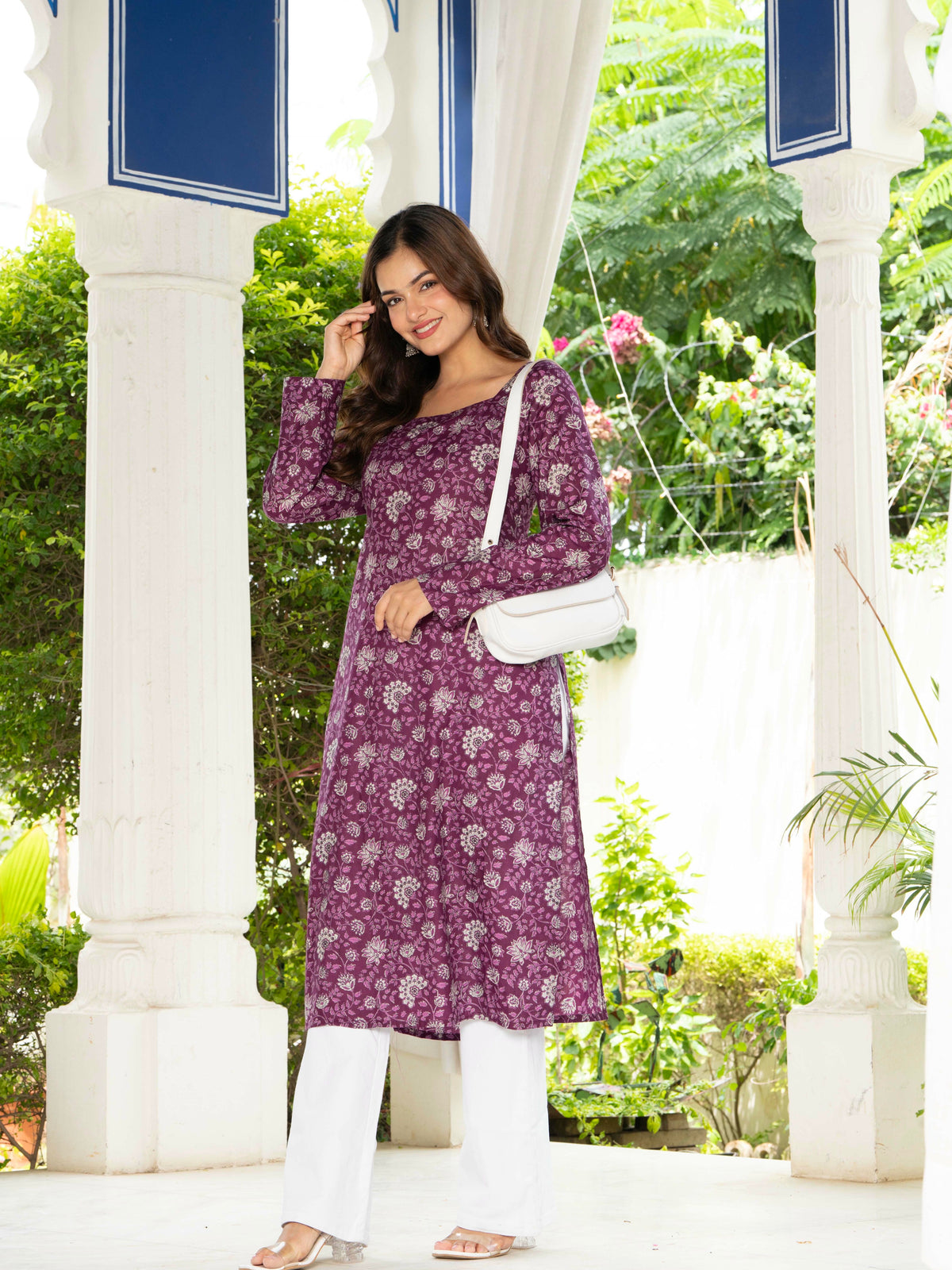 Women Purple Floral Printed Cotton Corset Long Kurti