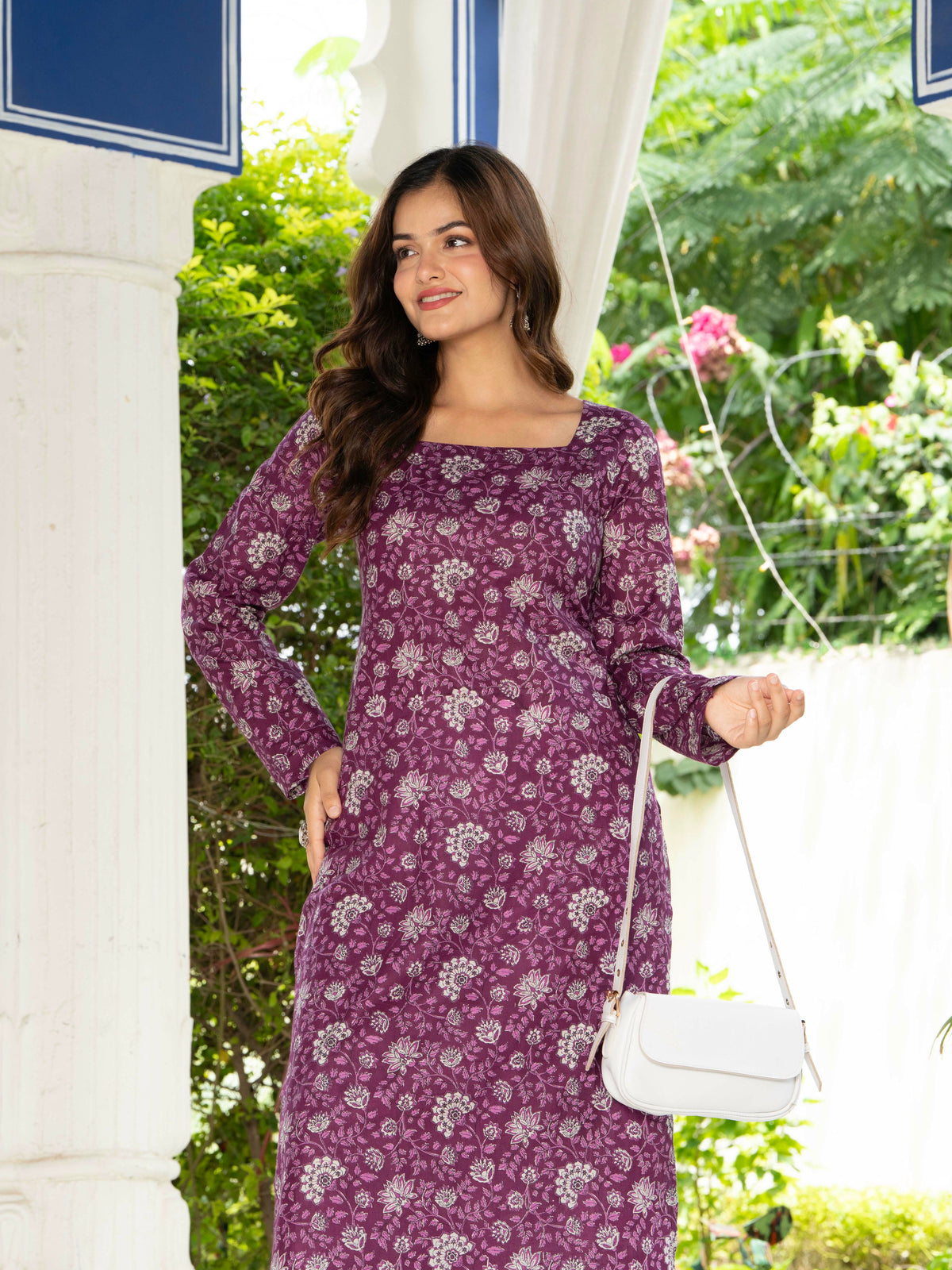 Women Purple Floral Printed Cotton Corset Long Kurti