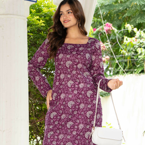 Women Purple Floral Printed Cotton Corset Long Kurti