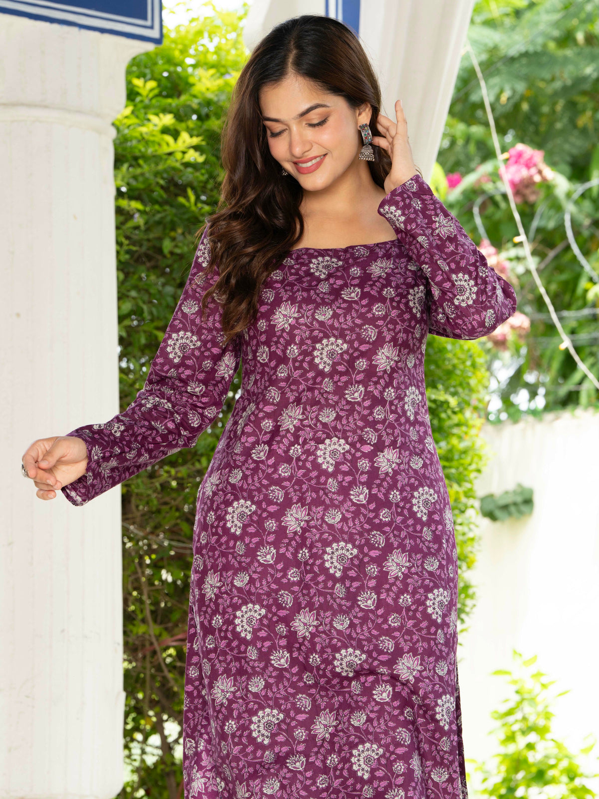Women Purple Floral Printed Cotton Corset Long Kurti