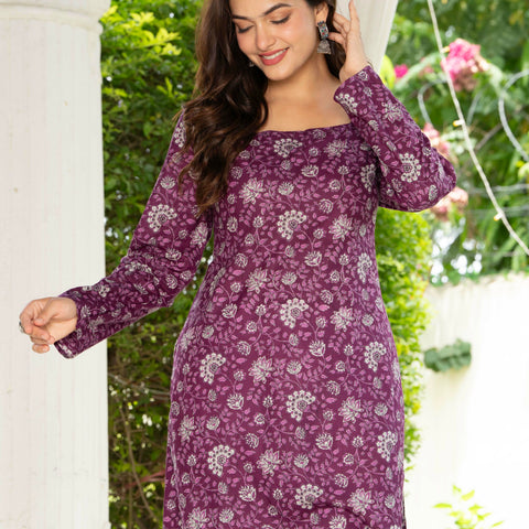Women Purple Floral Printed Cotton Corset Long Kurti