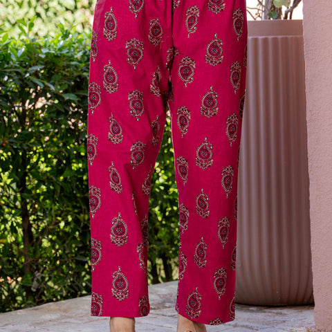 Women Red Floral Printed Cotton Straight Kurta Pant Dupatta Set