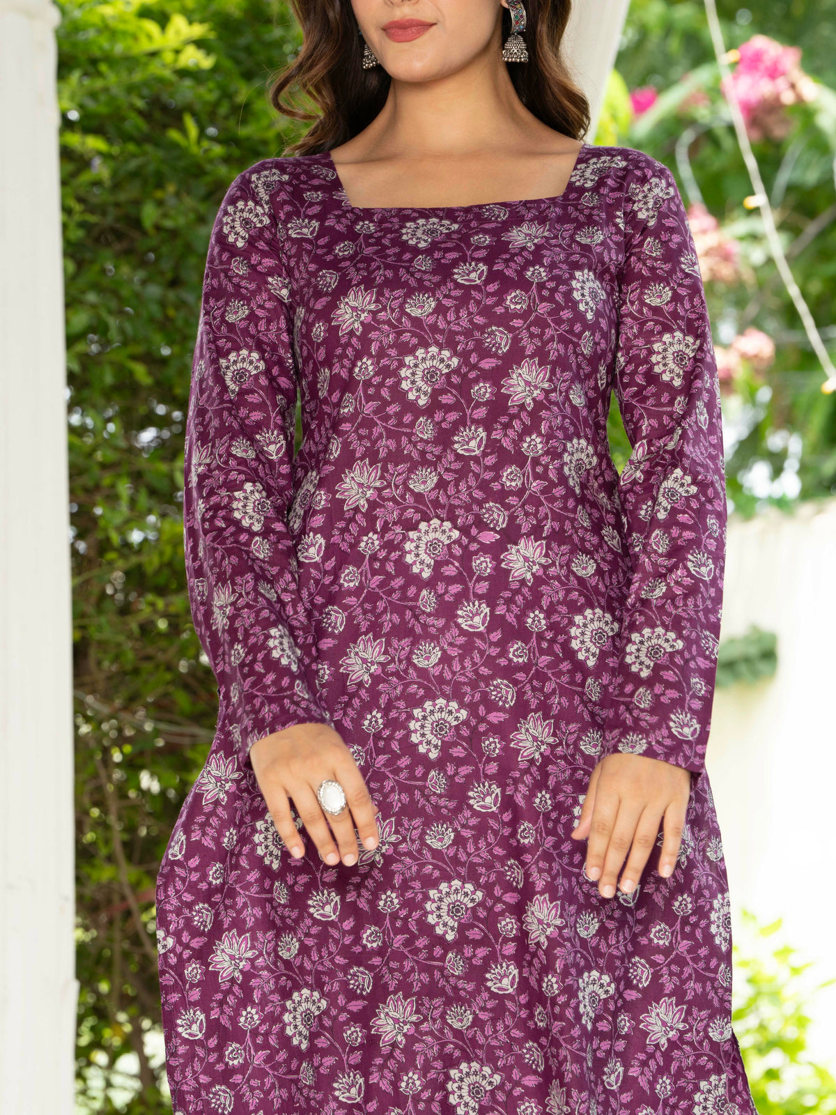 Women Purple Floral Printed Cotton Corset Long Kurti