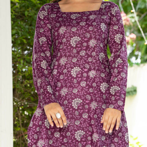 Women Purple Floral Printed Cotton Corset Long Kurti