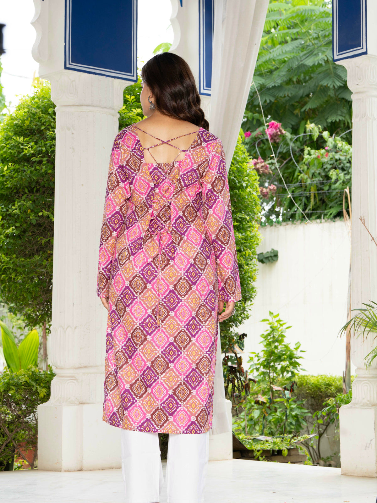 Women Pink & Blue Lehariya Printed Cotton Corset Long Kurti