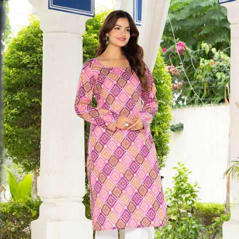 Women Pink & Blue Lehariya Printed Cotton Corset Long Kurti