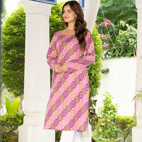 Women Pink & Blue Lehariya Printed Cotton Corset Long Kurti