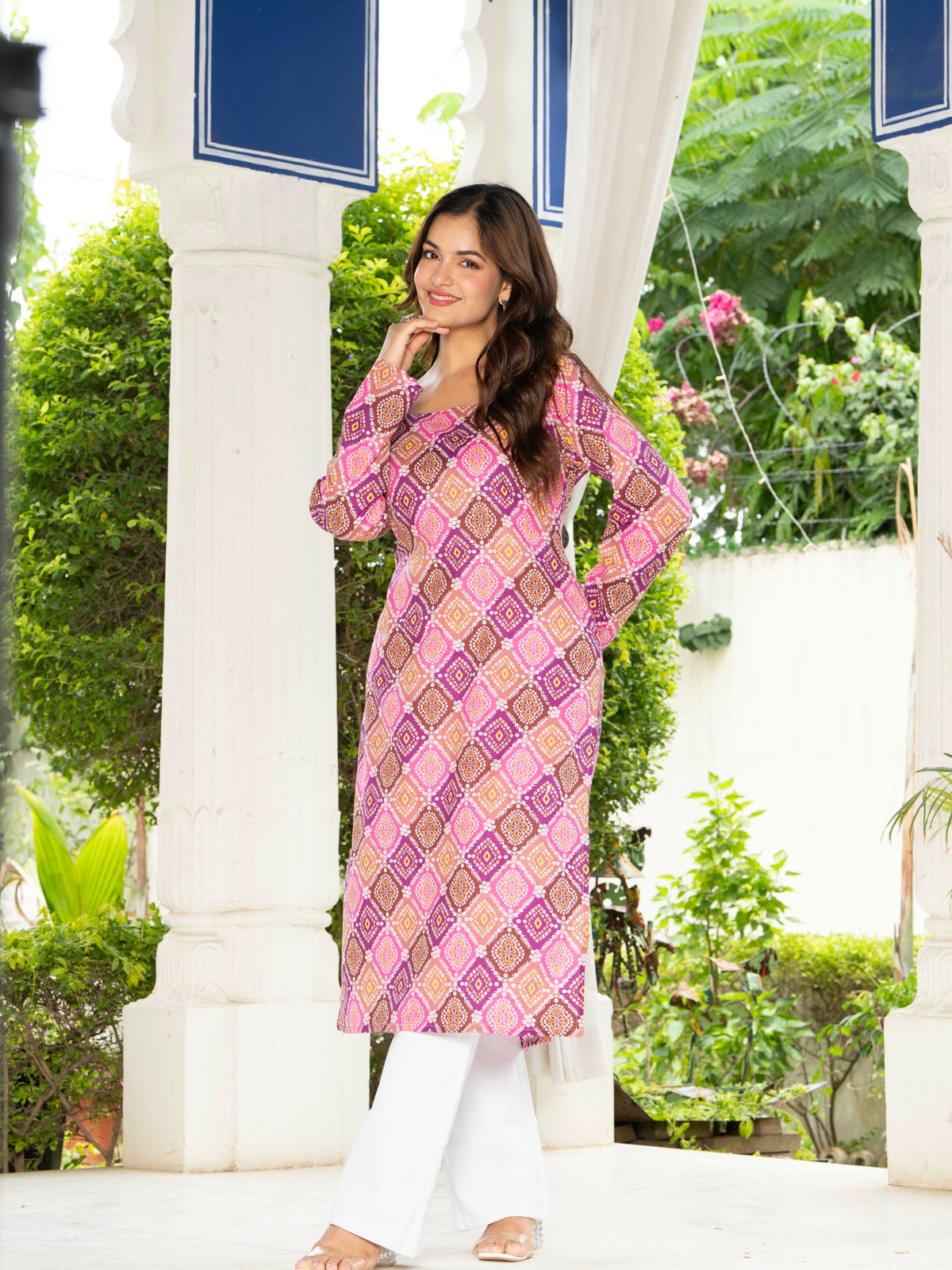Women Pink & Blue Lehariya Printed Cotton Corset Long Kurti