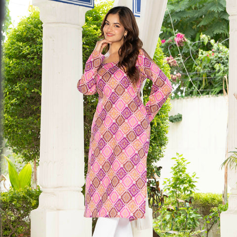 Women Pink & Blue Lehariya Printed Cotton Corset Long Kurti