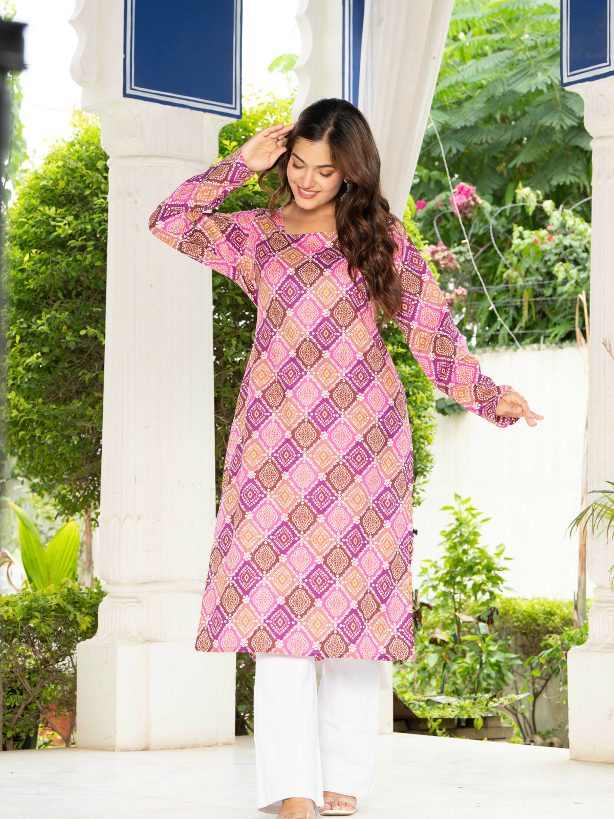 Women Pink & Blue Lehariya Printed Cotton Corset Long Kurti