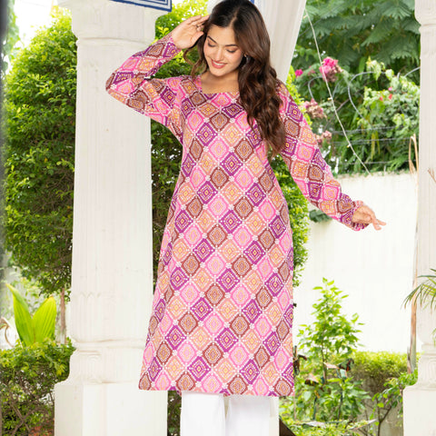 Women Pink & Blue Lehariya Printed Cotton Corset Long Kurti