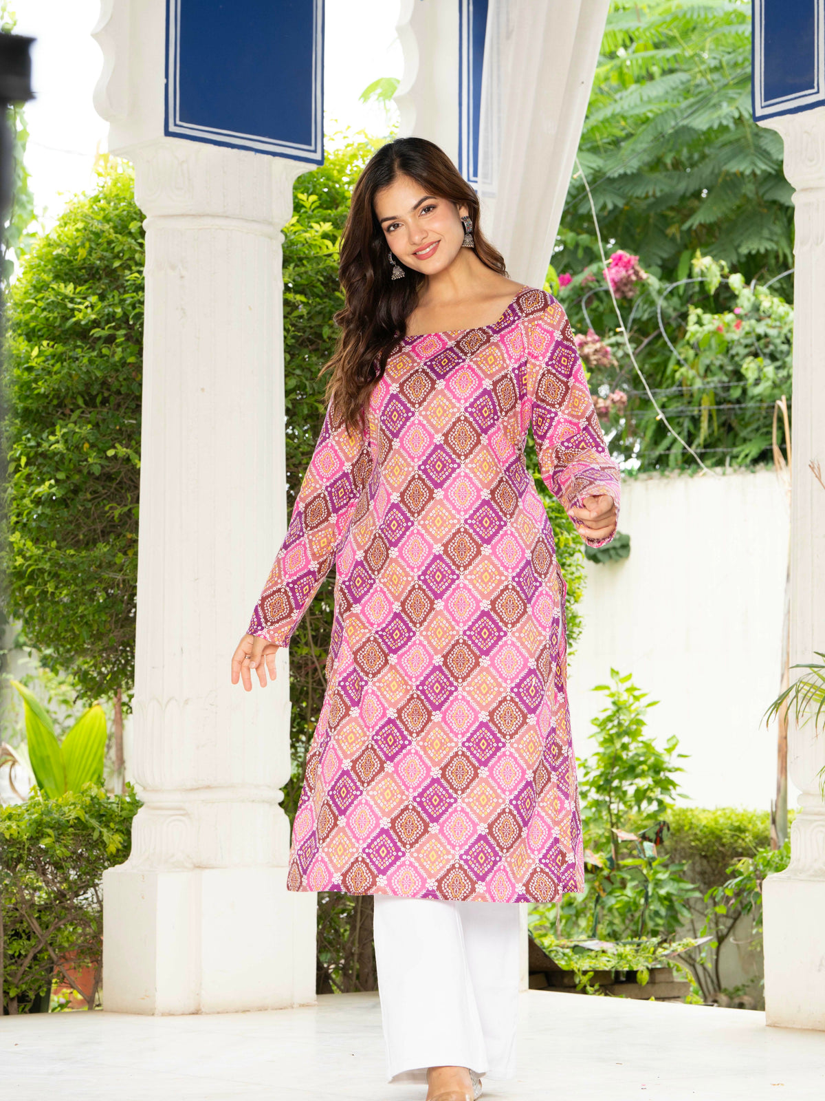 Women Pink & Blue Lehariya Printed Cotton Corset Long Kurti
