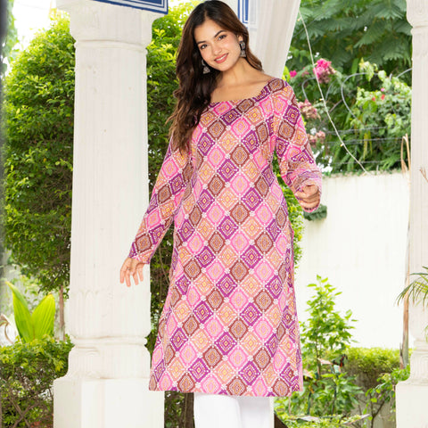 Women Pink & Blue Lehariya Printed Cotton Corset Long Kurti