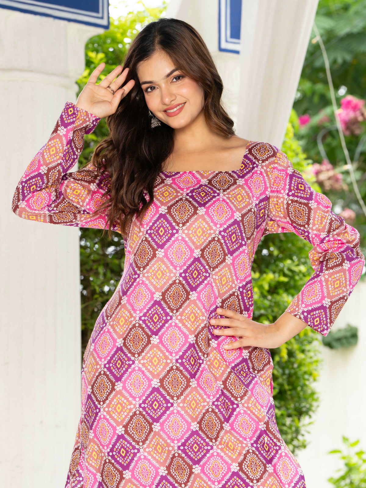 Women Pink & Blue Lehariya Printed Cotton Corset Long Kurti