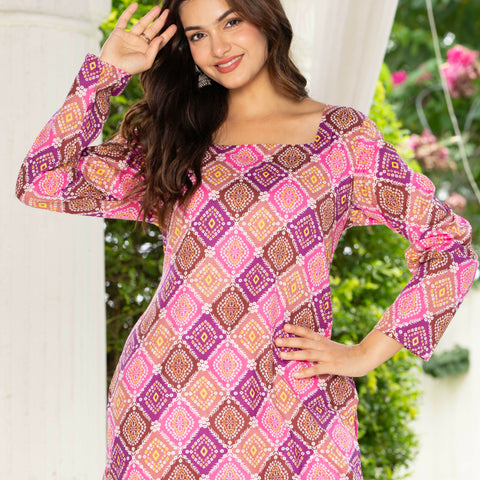 Women Pink & Blue Lehariya Printed Cotton Corset Long Kurti