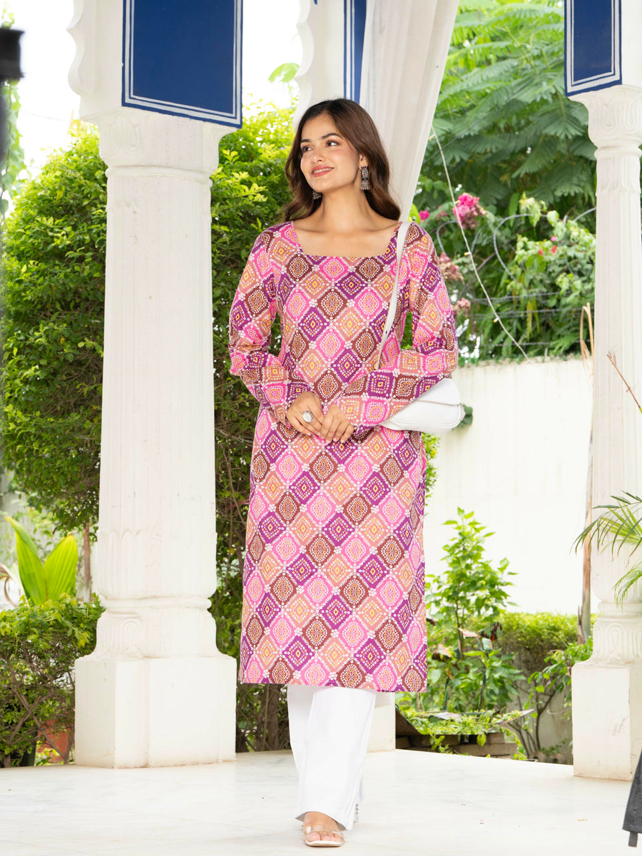Women Pink & Blue Lehariya Printed Cotton Corset Long Kurti