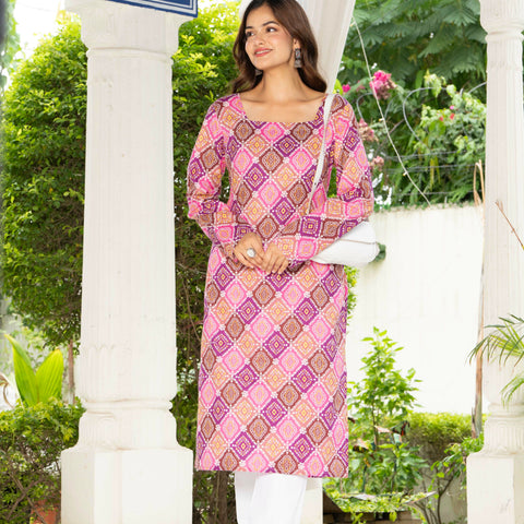 Women Pink & Blue Lehariya Printed Cotton Corset Long Kurti
