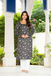 Women Black Floral Printed Cotton Corset Long Kurti