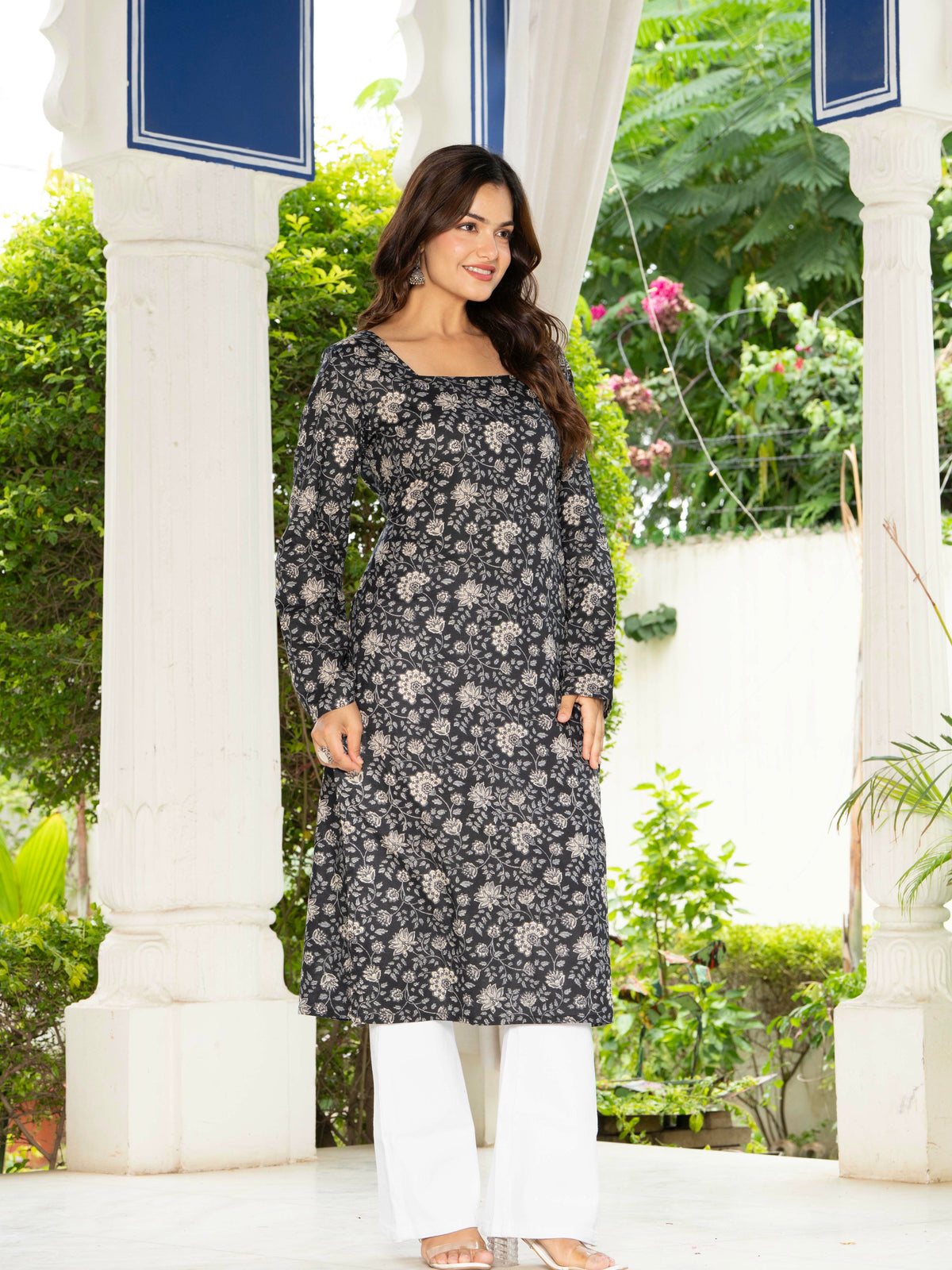 Women Black Floral Printed Cotton Corset Long Kurti