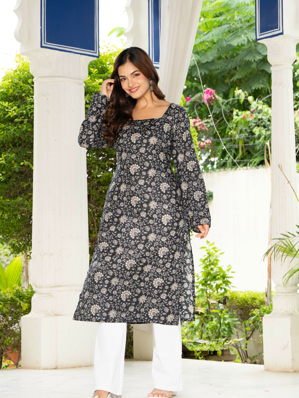 Women Black Floral Printed Cotton Corset Long Kurti