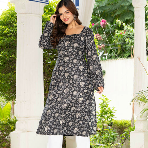 Women Black Floral Printed Cotton Corset Long Kurti