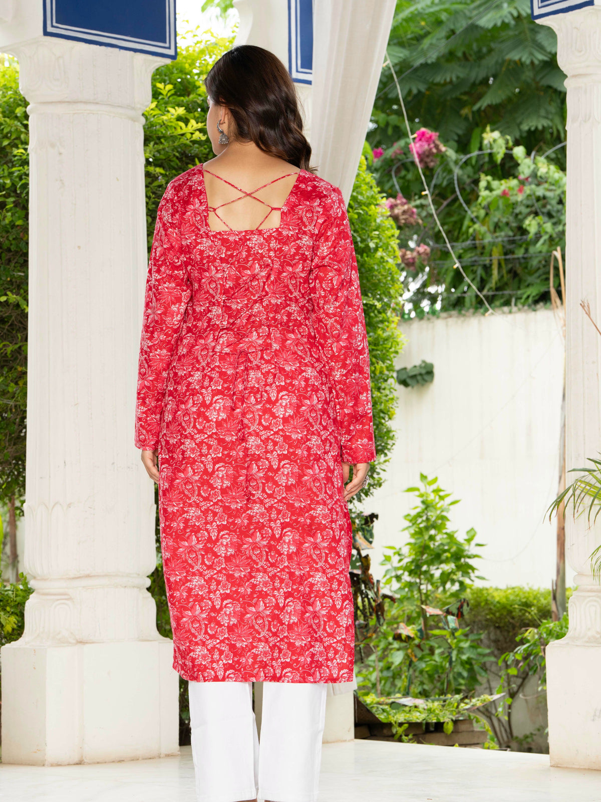 Women Dark Pink Floral Printed Cotton Corset Long Kurti