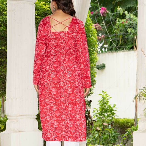Women Dark Pink Floral Printed Cotton Corset Long Kurti