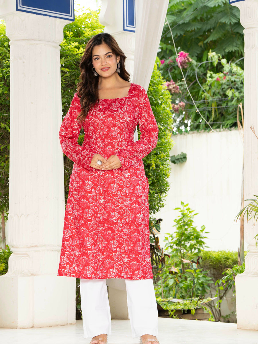 Women Dark Pink Floral Printed Cotton Corset Long Kurti