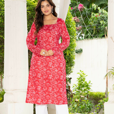 Women Dark Pink Floral Printed Cotton Corset Long Kurti