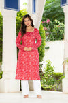 Women Dark Pink Floral Printed Cotton Corset Long Kurti