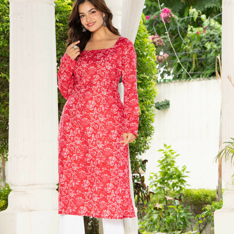 Women Dark Pink Floral Printed Cotton Corset Long Kurti