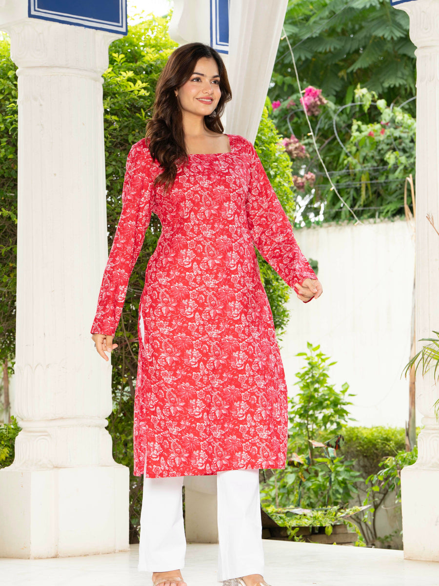 Women Dark Pink Floral Printed Cotton Corset Long Kurti